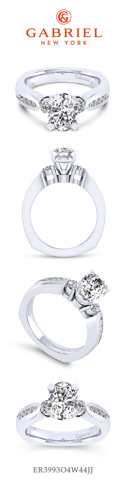 14K White Gold Oval Three Stone Diamond Engagement Ring angle 